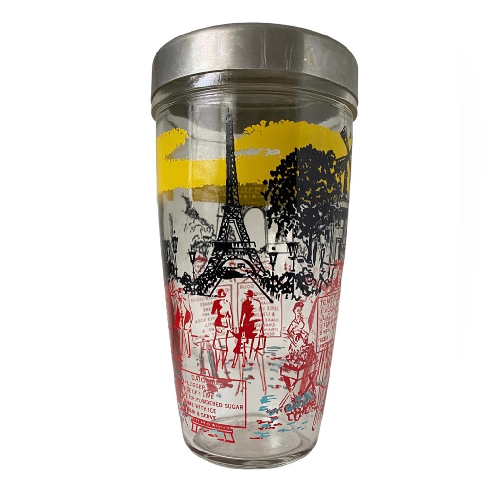 Vintage Bloomfield Industries Red Yellow MCM Paris Glass Cocktail Shaker W/Lid. - Picture 2 of 5